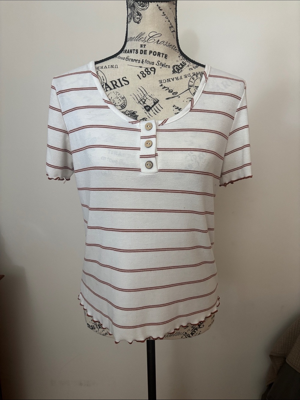 Paper Crane White and Brown Striped Short Sleeve Henley Top